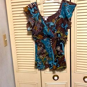 Dress barn ladies blouse size large blue and brown with flower motif